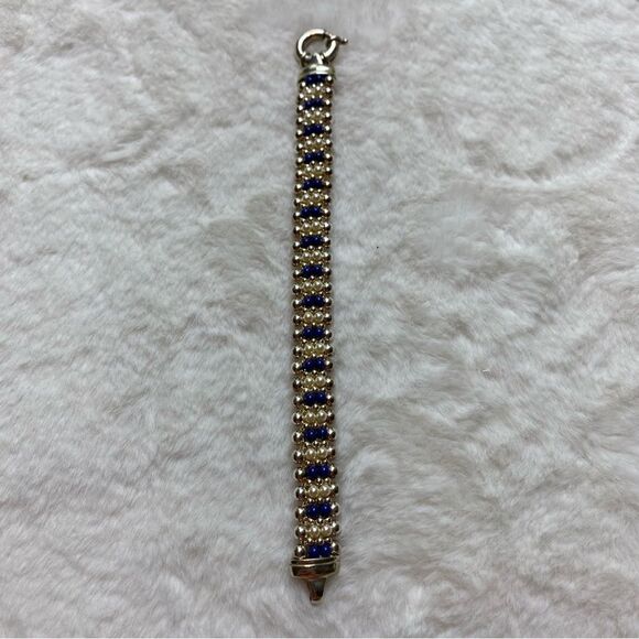 Sterling Silver Beaded Bracelet With Blue and Pearl Beads - Picture 1 of 10